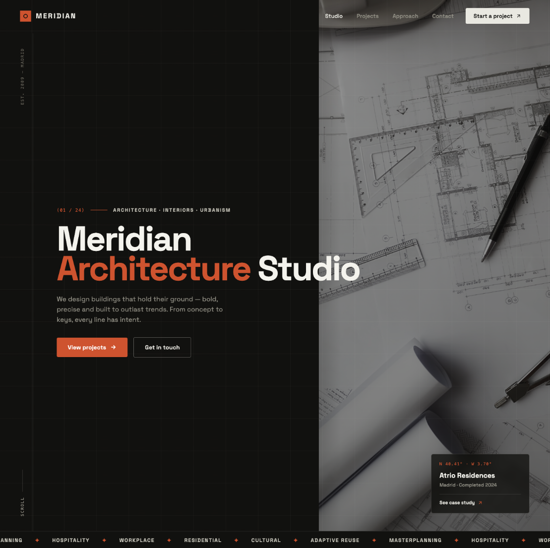 Diseño web premium para Meridian Architecture, estudio de arquitectura